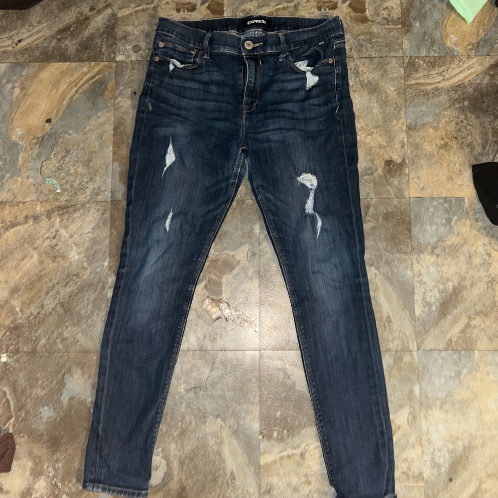 Express Dark Blue Distressed Skinny Jeans